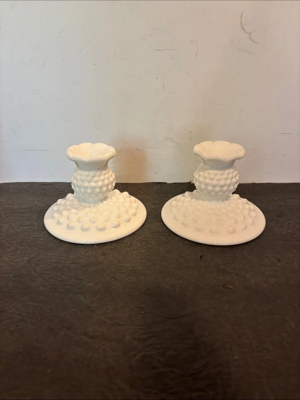 Fenton 3974 White Hobnail Milk Glass Flat Footed 3” Glass Candle Holders - Pair